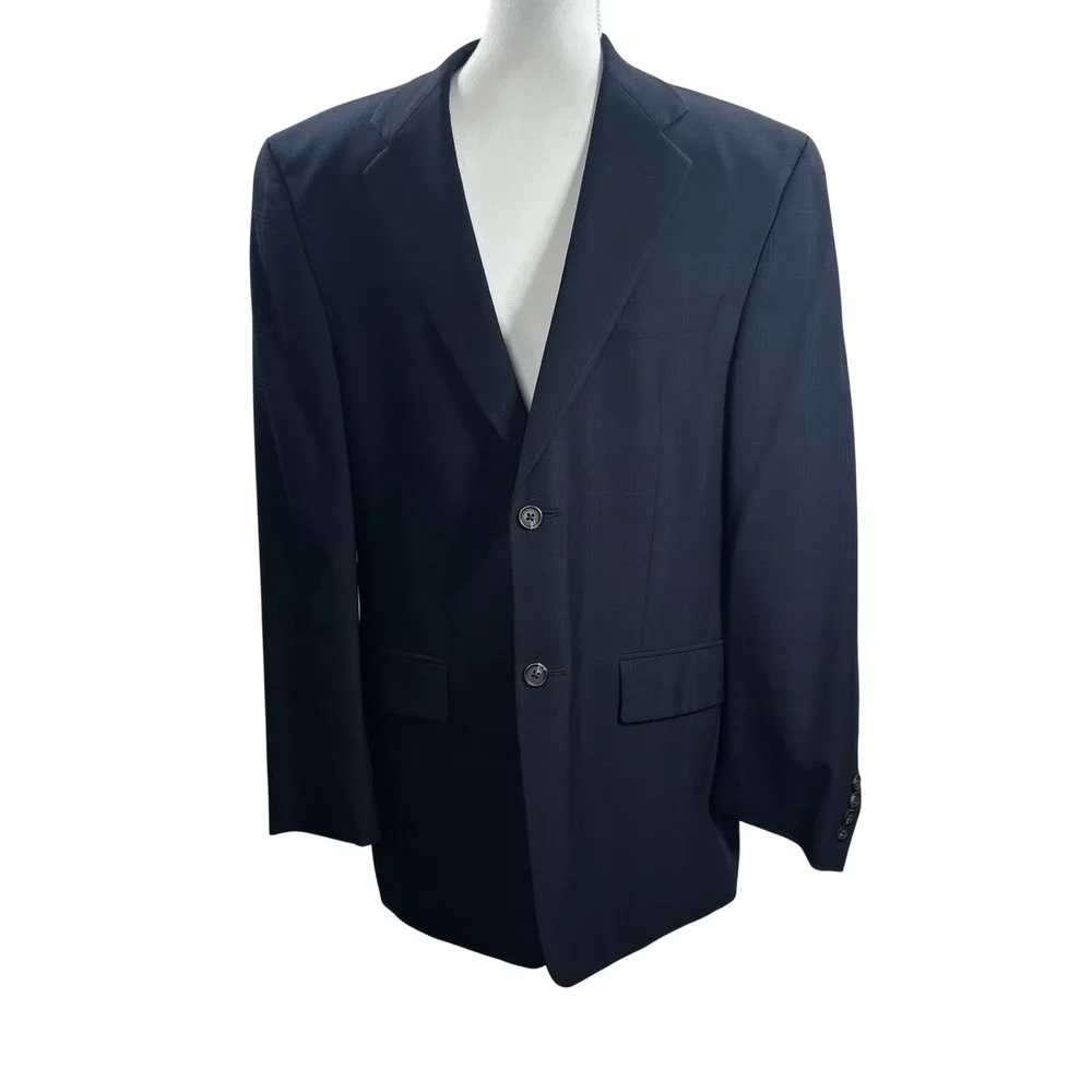 VTG Ralph Lauren Mens Navy Blue 100% Wool 2 Button Suit 44R Windowpane Plaid 90s